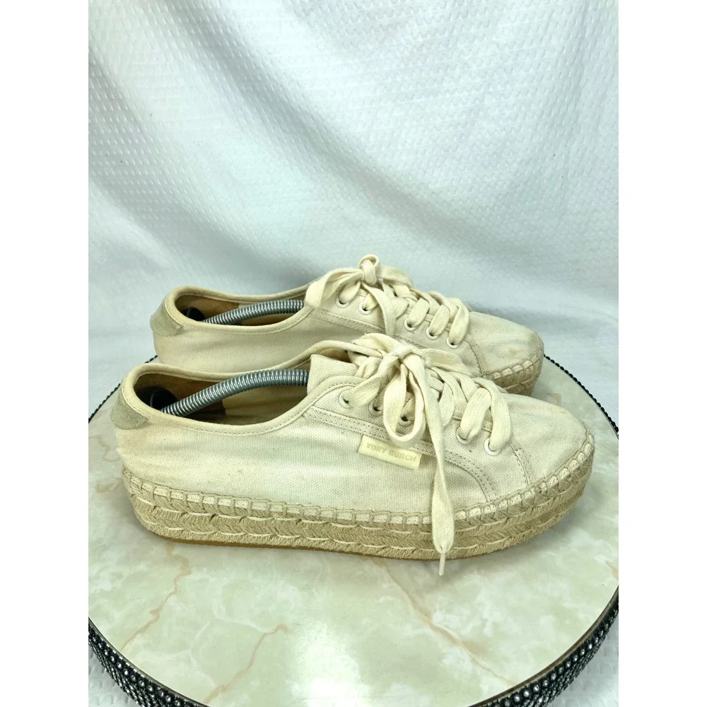 Tory Burch Seaside Oxford Espadrille Shoes Womens Sz 8.5 Cream Platform Sneakers
